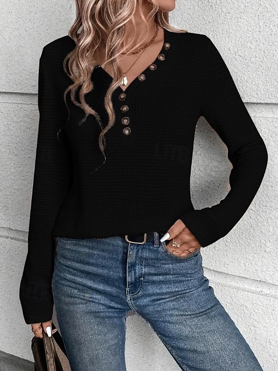 Per donna Blusa Bottoni Tinta unica Elegante Casual Manica Lunga Scollo a V Top Regolari Quotidiano Nero Bianco Fucsia Cachi Primavera Autunno Inverno del 2026 a $25.99 –P10