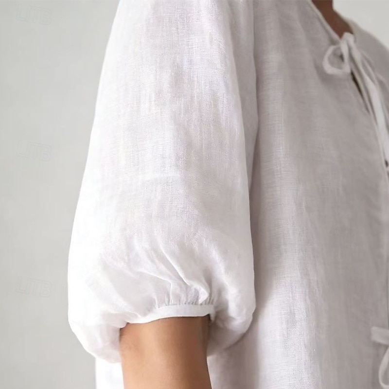Damen Leinenhemd Sommerhemd Kunstbaumwollleinen Gerafft Vorderknoten Einfarbig Einfach Täglich Stilvoll Lässig Halbarm Rundhalsausschnitt Normale Oberteile Ferien Ausgehen Urlaubskleidung Weiß Sommer 2026 - $25.99 –P3