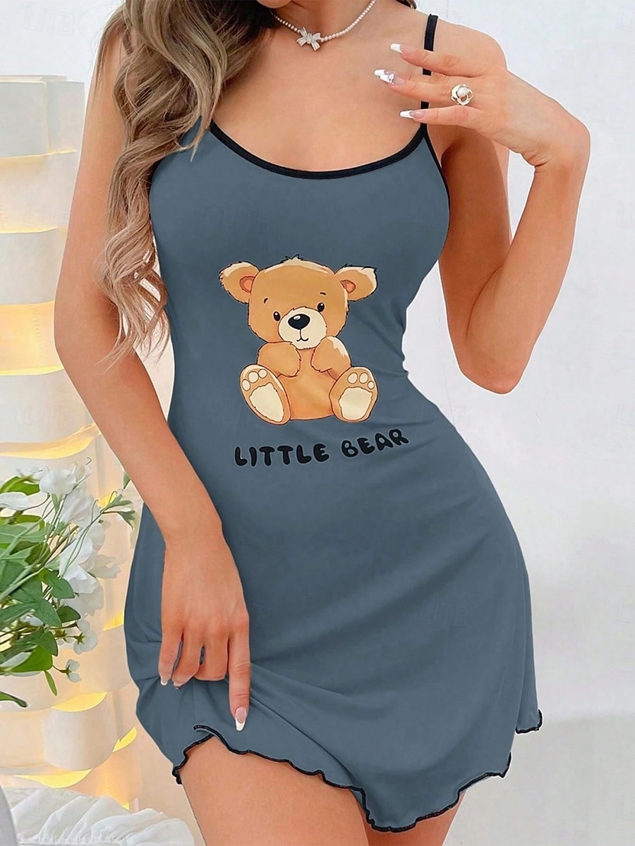 Dames Nachtjapon Casual Comfortabel Grafisch Beer Dagelijks Huis Mouwloos hihnat blauw Zwart Blozend Roze Beige Zomer Lente Normale pasvorm 2026 - $14.99 –P9