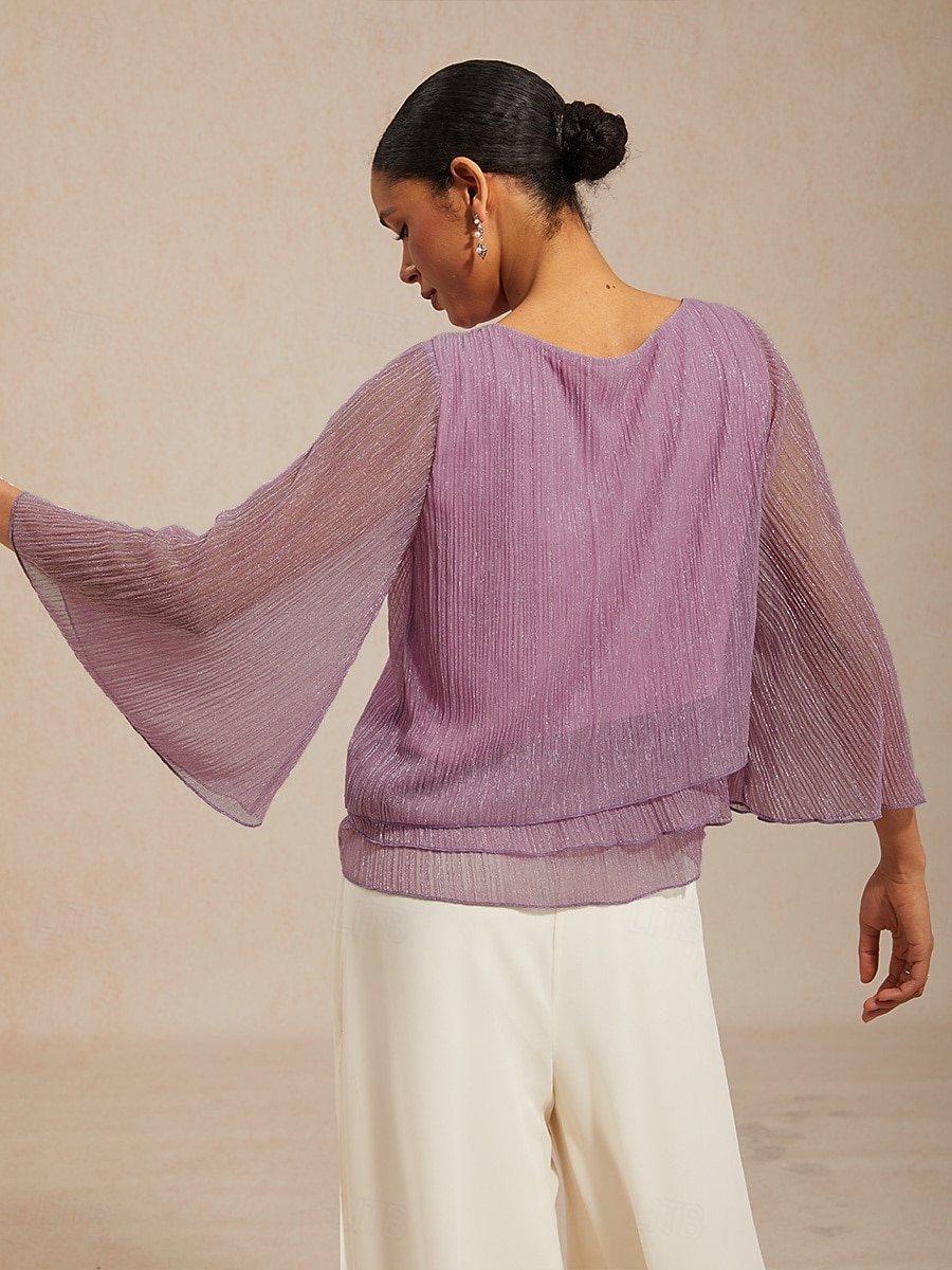 Women's Blouse Chiffon Tops Pleated Layered Metallic Elegant 3/4 Length Sleeve Bell Sleeve Crew Neck Daily Wedding Guest Light Purple Summer Spring Fall 2026 - $59.99 –P2