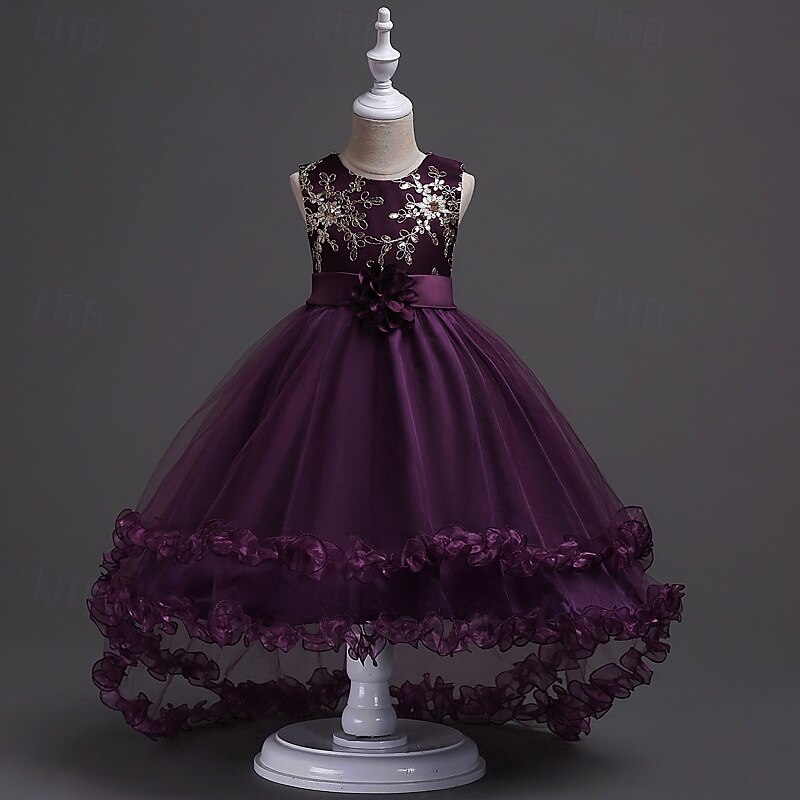 Robe de Demoiselle d'Honneur Fille Fille Robe de soirée Tenue de mariage Soirée Mariage Formel Élégant Mode Beau Maille Fleuri Sans manches Col Rond Gris bleu marine 4 ans et + de 2026 ? $29.99 –P13