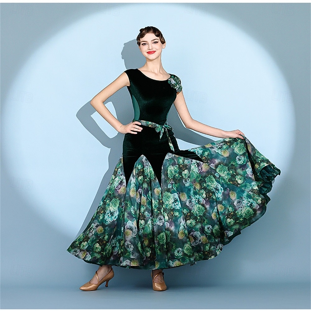 Robe de bal rouge en velours pour femme, sans manches, à imprimé floral, jupe ample, style valse, tango, moderne, standard, compétition. de 2026 ? $154.99 –P6