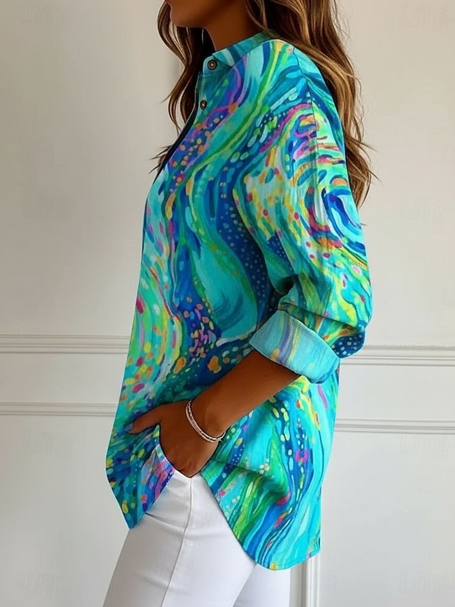 Bluze hawaiene pentru femei topuri fluide bluze vintage grafice geometrice topuri lungi cu mânecă lungă cămașă cu guler nasturi imprimeu ajustat vacanță muncă zilnic albastru deschis îmbrăcăminte de 2026 - $28.99 –P2