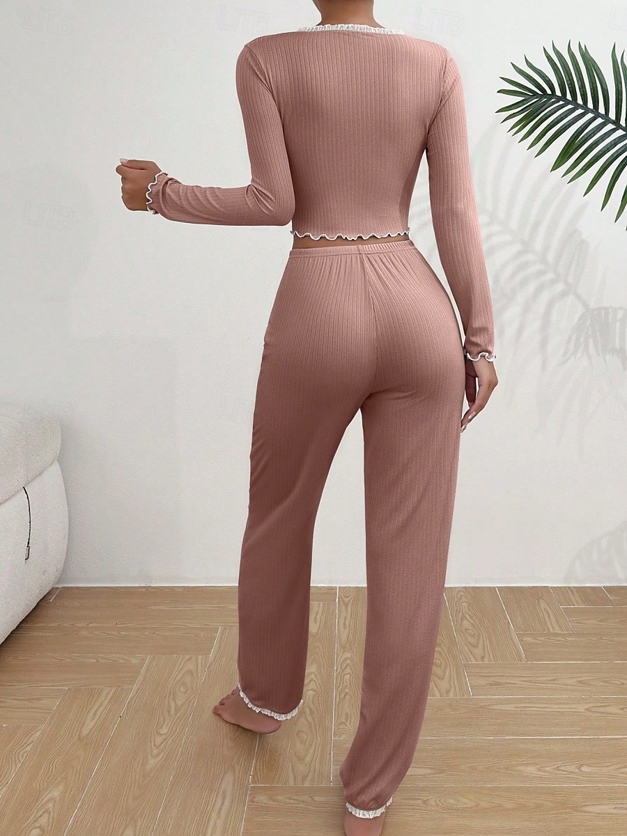 Mulheres Conjunto de Pijama Casual Conforto Cor imaculada Renda Cintura elástica Calça Diário Casa Manga Longa Decote V Azul Preto Rosa Vermelho Cáqui Verão Primavera Outono Normal de 2026 por $19.99 –P8