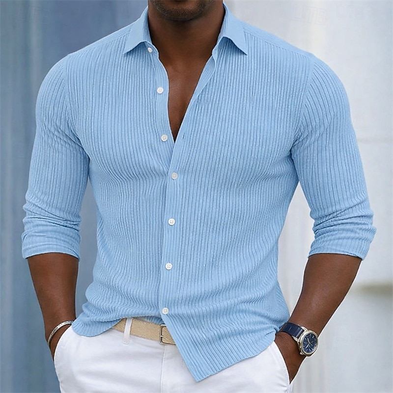 Homens Camisa Social Malha canelada Textura Camisa casual camisa de botão Azul Branco Azul Marinha Cinzento Manga Longa Tecido Tiras verticais Colarinho de Camisa Casual Diário Bolso frontal Roupa de 2026 por $31.99 –P4