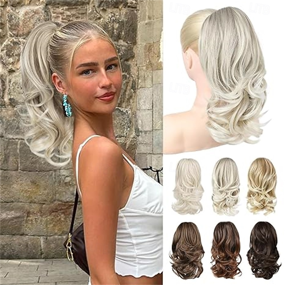 Extension per coda di cavallo - Extension per coda di cavallo con clip a artiglio da 14" - Extension per capelli sintetici morbidi e naturali, ondulati e a strati per donna - platino del 2026 a $14.99 –P4