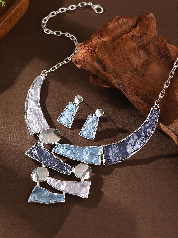 Γυναικείο σετ κολιέ και σκουλαρίκια από μποέμικο κράμα, πολύχρωμα γεωμετρικά κοσμήματα με υφή, κομψά αξεσουάρ boho στυλ για γυναίκες, ιδανικά για casual ντύσιμο, διακοπές, φεστιβάλ και πάρτι 2026 - $11.99 –P7