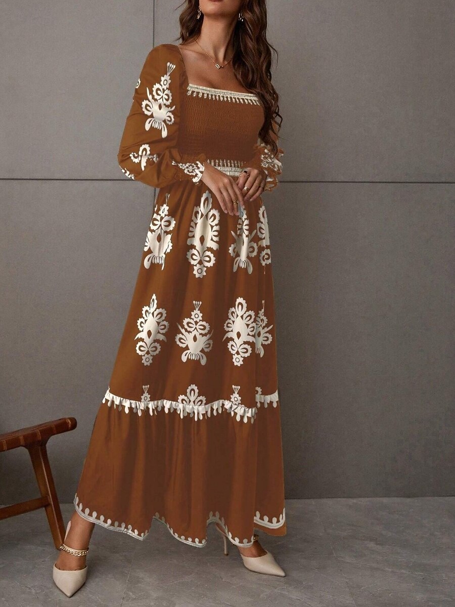 Mujer Vestido maxi Vestido de una línea Vestido de flores Elegante Moda Moderno Exterior Vacaciones Fiesta Ajuste regular Floral Manga Larga Escote Cuadrado Negro Burdeos Marrón Albaricoque Primavera 2026 - $41.99 –P10