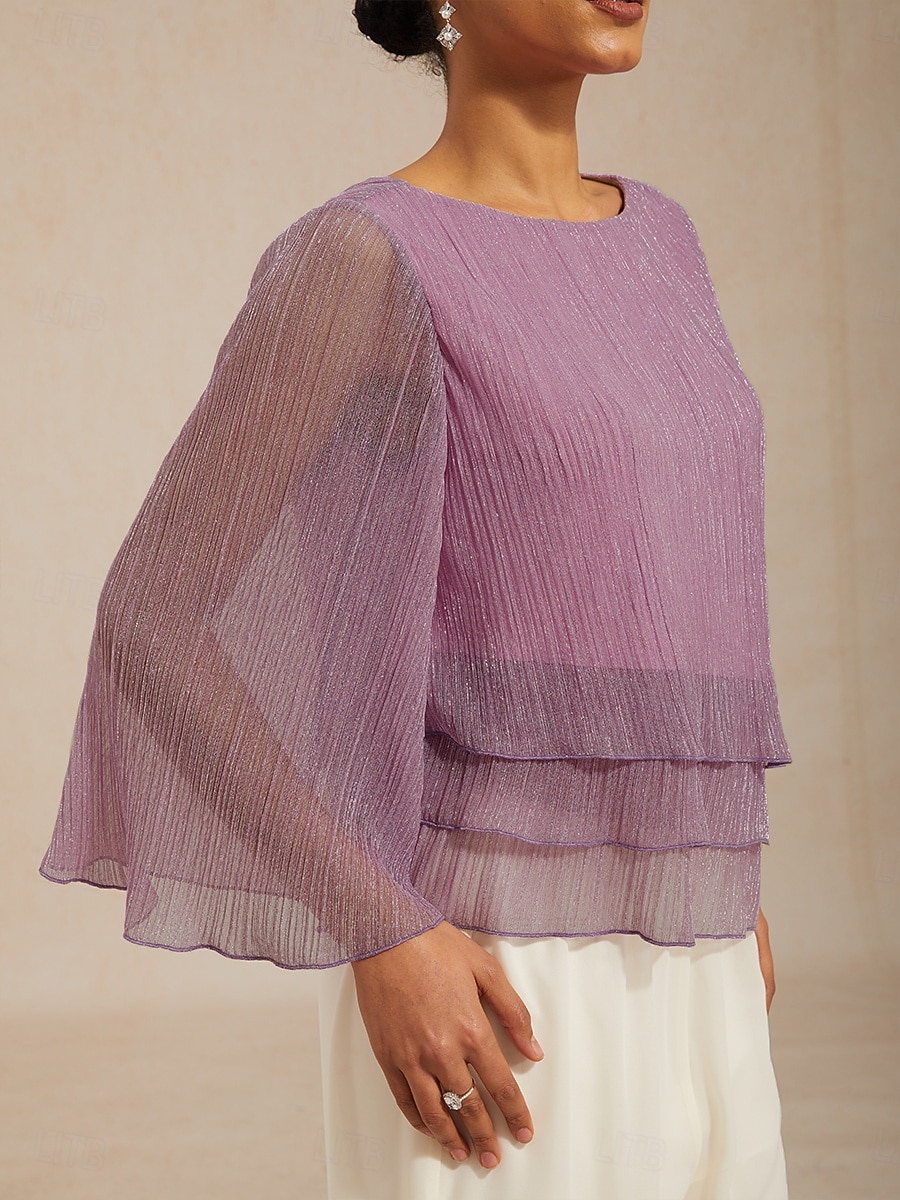 Women's Blouse Chiffon Tops Pleated Layered Metallic Elegant 3/4 Length Sleeve Bell Sleeve Crew Neck Daily Wedding Guest Light Purple Summer Spring Fall 2026 - $59.99 –P4