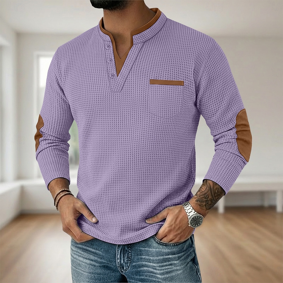 Miesten Vohveli tee Vohveli Henley-paita Pitkähihainen V kaula-aukko Henley Syksy 봄 & Syksy Yhtenäinen väri Muoti Perus Vapaa-aika väärennetty kaksiosainen Kausaliteetti Katu Urheilu Vaalean sininen 2026 - $25.99 –P12