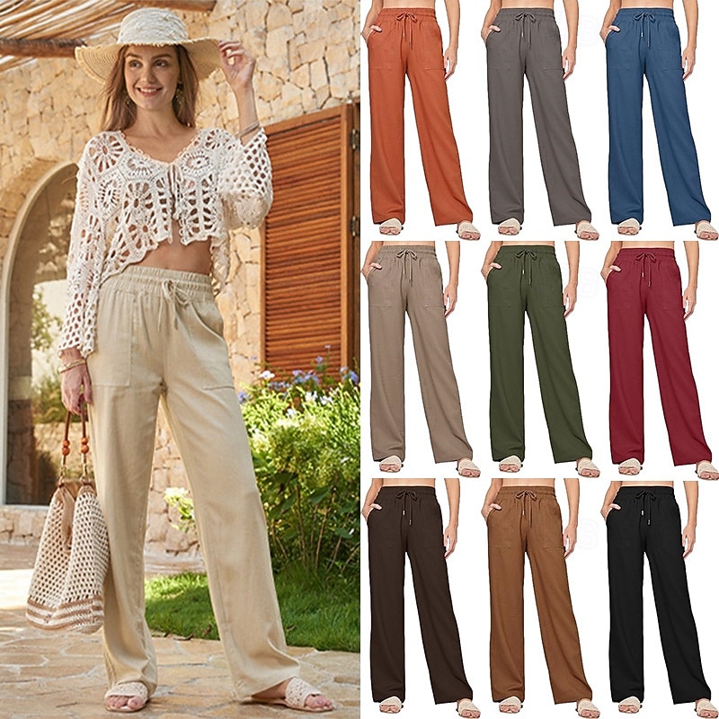 Naisten Puuvillaiset pellavahousut Kiinalainen Kesähousut Suora Loma Perus Vapaa-aika Täyspitkä Korka vyötärö Yhtenäinen väri Tasku Elastinen vyötärönauha Mukava Pehmeä Elastinen ulko- Katu Sininen 2026 - $42.99 –P1