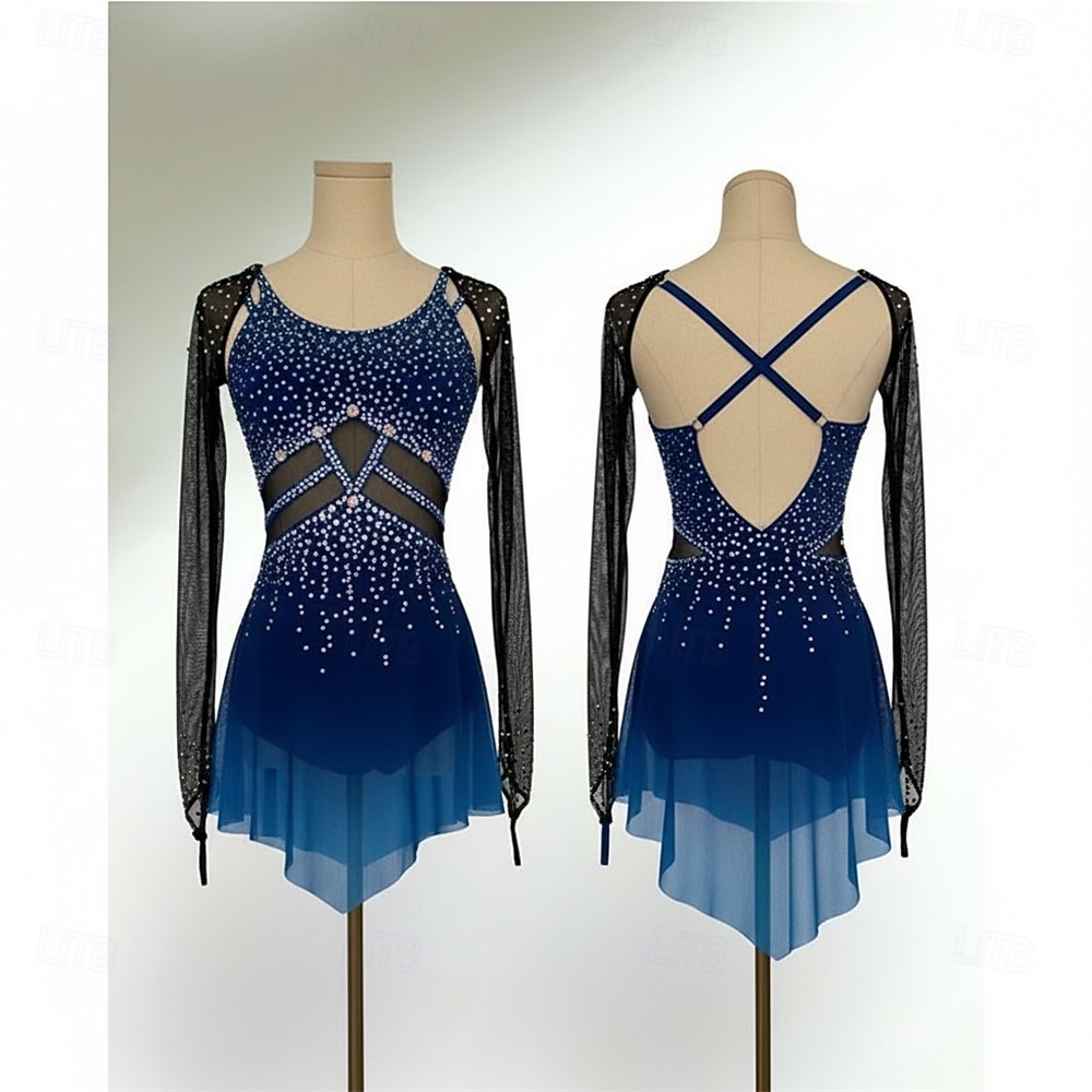 Figure Skating Dress Women's Ice Skating Dress Navy Patchwork Open Back High Elasticity Training Competition Skating Wear Classic Crystal / Rhinestone Long Sleeve Ice Skating Figure Skating 2026 - $279.99 –P1