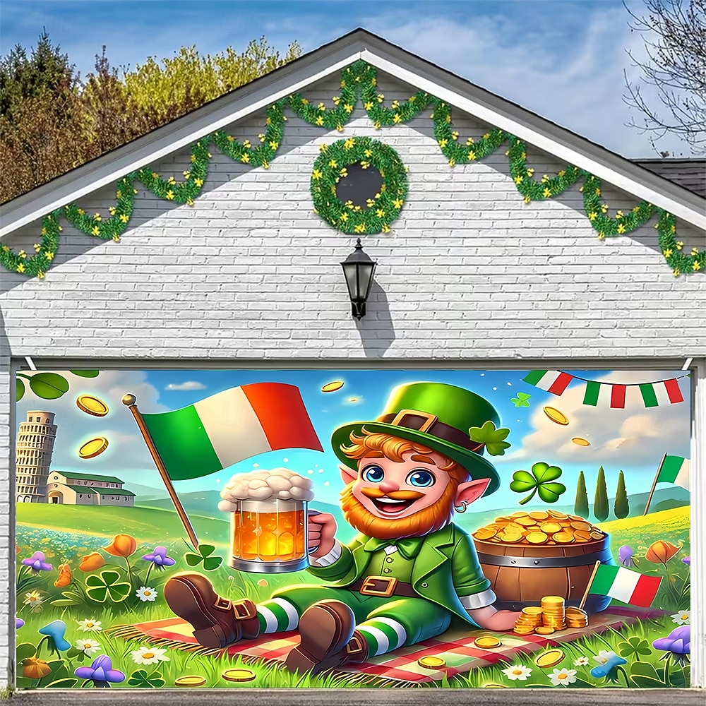St. Patrick's Day Tapestry Garage Door Cover Large Hanging Backdrop Elf Cute 3D Party Outdoor Holiday Shooting Backgrounds Yard Home Decor 2026 - $49.99 –P5