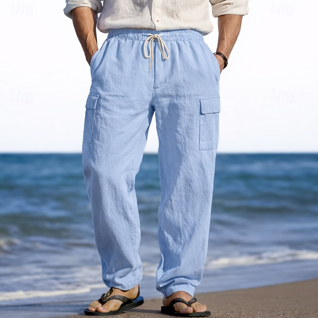 Herr Linne Byxor Långbyxor Sommarbyxor Strandbyxor Snörning Elastisk midja Flera fickor Slät Lättvikt Andningsfunktion Fullängd Ledigt Dagligen Helgdag Semester Mode 다크 카키 Svart Microelastisk 2026 - $25.99 –P5