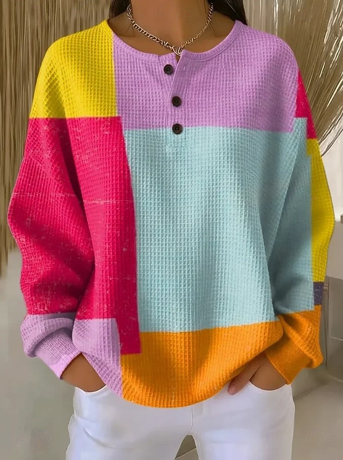 Damen Kapuzenshirts Knöpfe Grafik Geometrisch Farbblock Mode Lässig Druck Langarm Rundhalsausschnitt Rundhals Normale Oberteile Lässig Straße Blau Rosa Orange Grün Sommer Frühling Herbst 2026 - $28.99 –P4