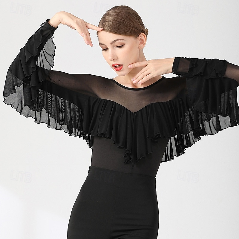 Top da ballo da sala da donna, maglia trasparente con volant e maniche a pipistrello, camicetta rossa per prove di valzer latino, performance moderna del 2026 a $70.99 –P5