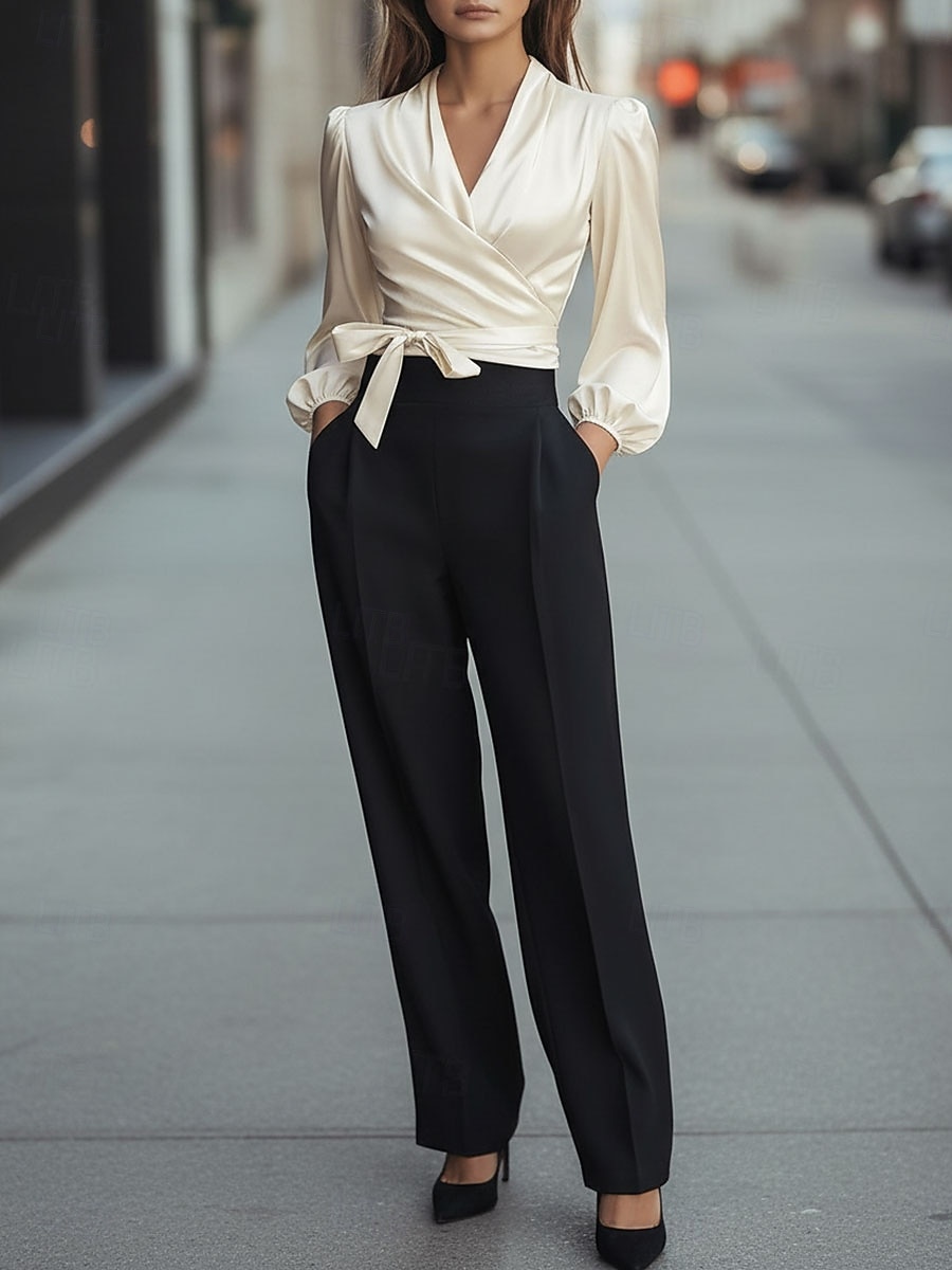 Pentru femei Cămașă Elegant Top din satin Bluză Cu Șiret Simplu Elegant Stilat Manșon Lung În V Topuri obișnuite Zilnic Muncă Concediu Negru Roșu Vin Trifoi Caisă Vară Primăvară Toamnă 2026 - $21.99 –P1