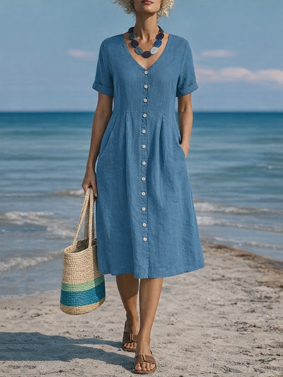 Damskie Sukienka midi Sztuczna bawełna len Sukienka A line Codzienny Codzienny Regularny Równina Krótki rękaw W serek Niebieski Czarny Biały Wino Lato Wiosna 2026 - $31.99 –P2