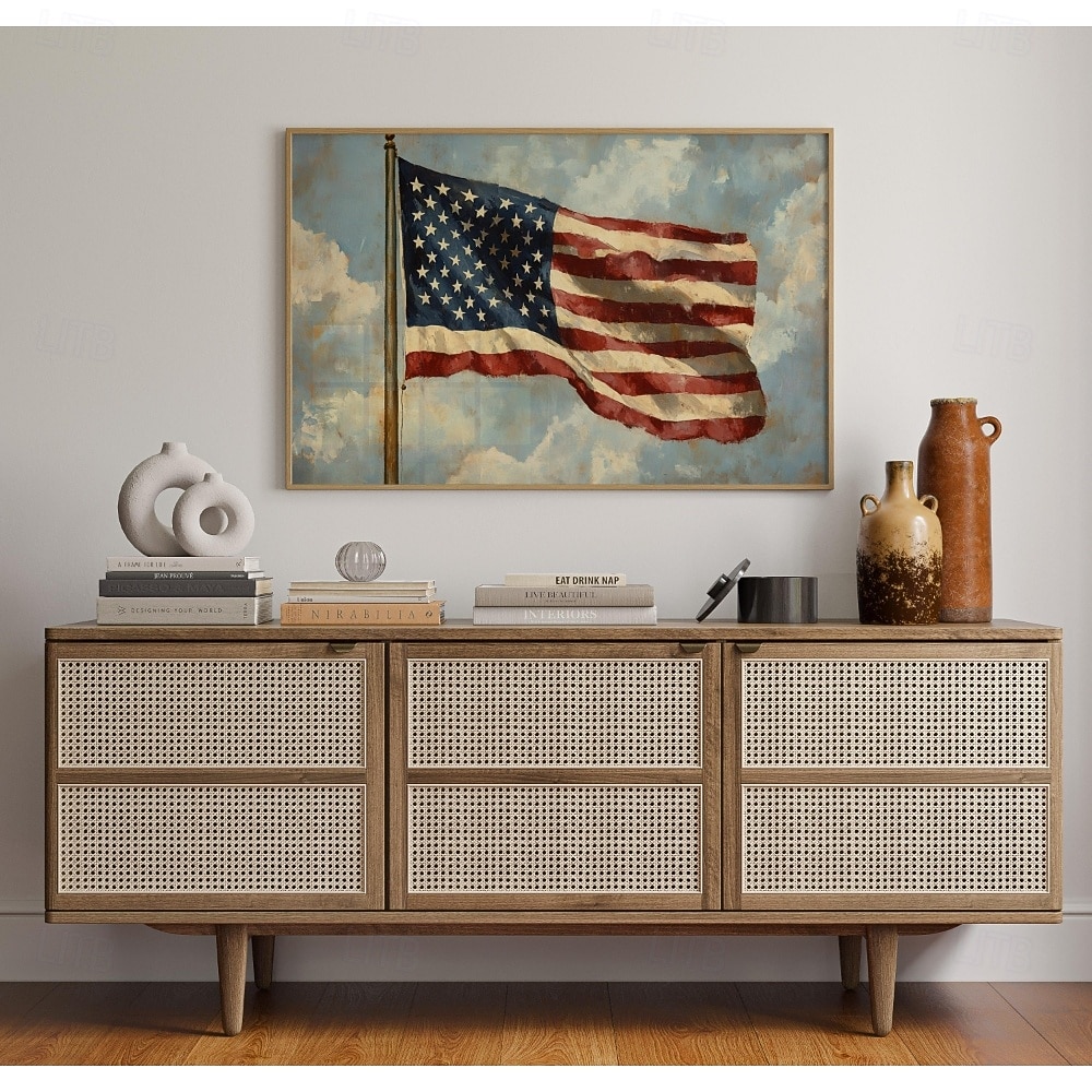 Arte en lienzo de la bandera estadounidense | Pintura patriótica de estrellas y franjas de EE.UU. con pinceladas rústicas | Decoración militar para el 4 de julio 2026 - $12.99 –P5