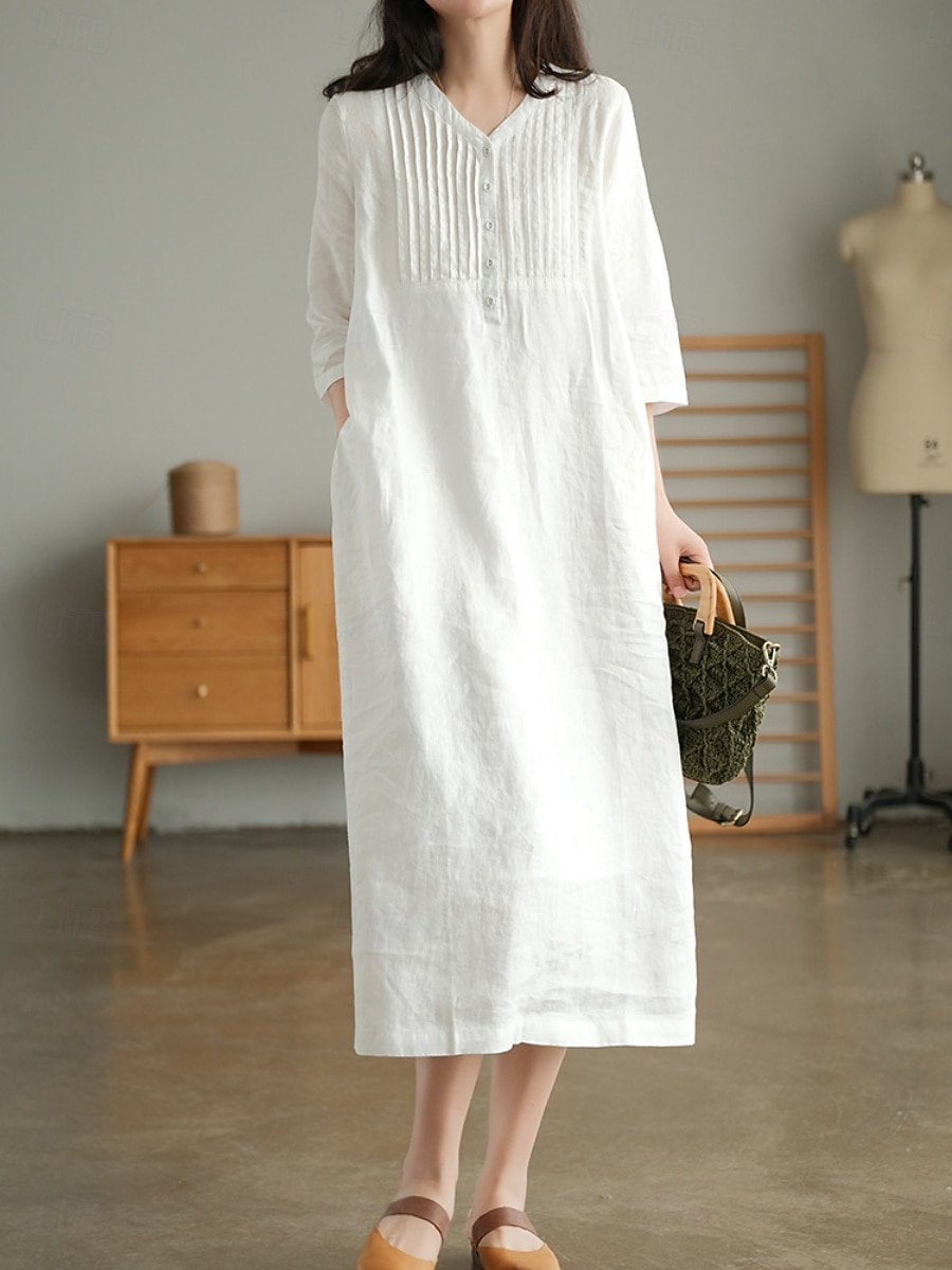 Per donna Abito Midi Abiti effetto lino Abito a Tubino Abito Estivo Casual Quotidiano Vestibilità comoda Semplice Manica 3/4 Scollo a V Blu Arancione Verde Beige Estate Autunno del 2026 a $32.99 –P4