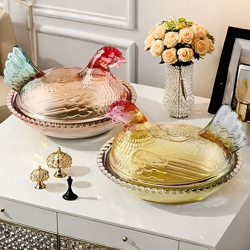 vintage lasinen kananpesäkulho kannella, suuri jalustallinen kukkokarkkikulho &kristallinen välipalapurkki, maalaistalon kananpesäpöydän sisustus, sopii välipaloille, jälkiruoalle, kekseille 2026 - $30.99 –P3