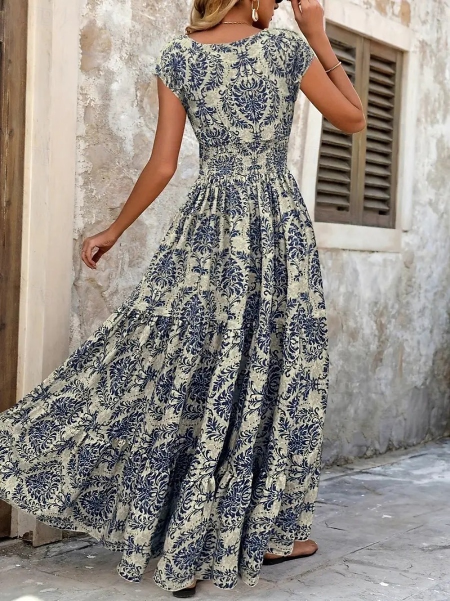 Per donna Abito lungo maxi Abito Lungo Maxi Abito Abito da Spiaggia Abito Floreale Abito Boho Elegante Moda Moderno Quotidiano All'aperto Vacanza Vestibilità regolare Floreale Manica Corta Scollo a V del 2026 a $22.99 –P4