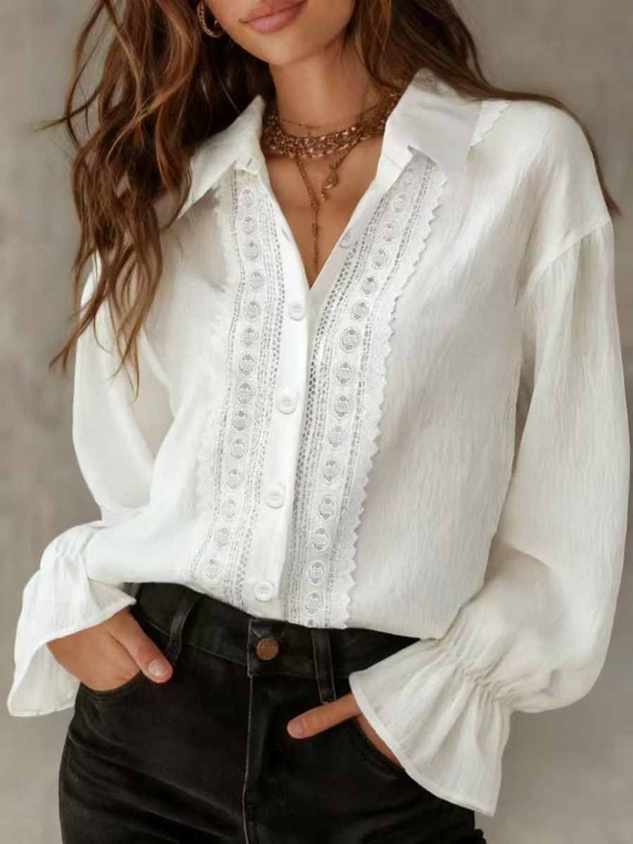 Dames 100% Katoenen Blouse Faux Linnen Geplooide Knoppen Effen Kleur Stijlvol Basis Casual Lange Mouwen Kraag Reguliere Tops Dagelijks Blauw Zwart Wit Roze Beige Lente Fall Winter 2026 - $33.99 –P1