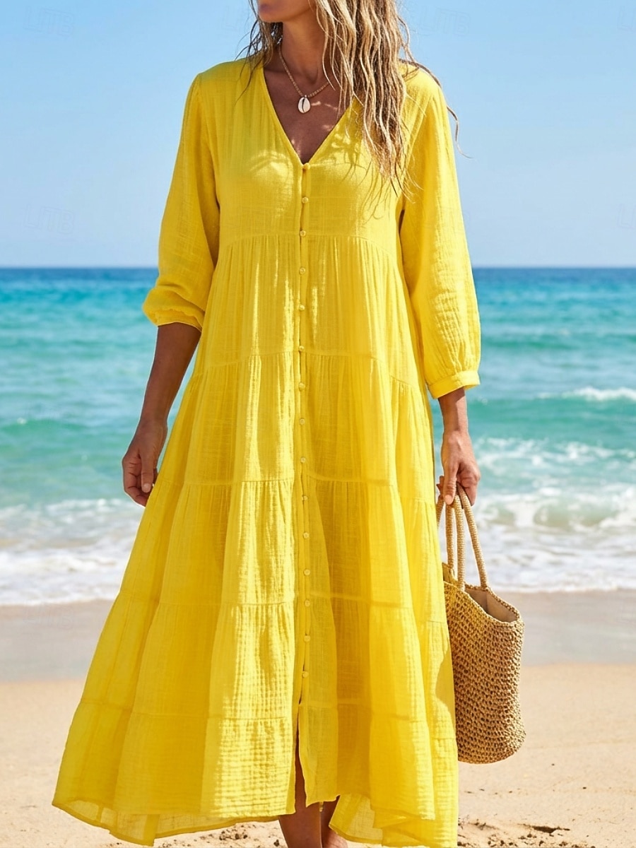 Women's Maxi Dress Linen-feel Dresses Kaftan Dress Fashion Modern Outdoor Vacation Holiday Loose Fit Plain Long Sleeve V Neck Blue White Yellow Summer Spring Fall 2026 - $34.99 –P1