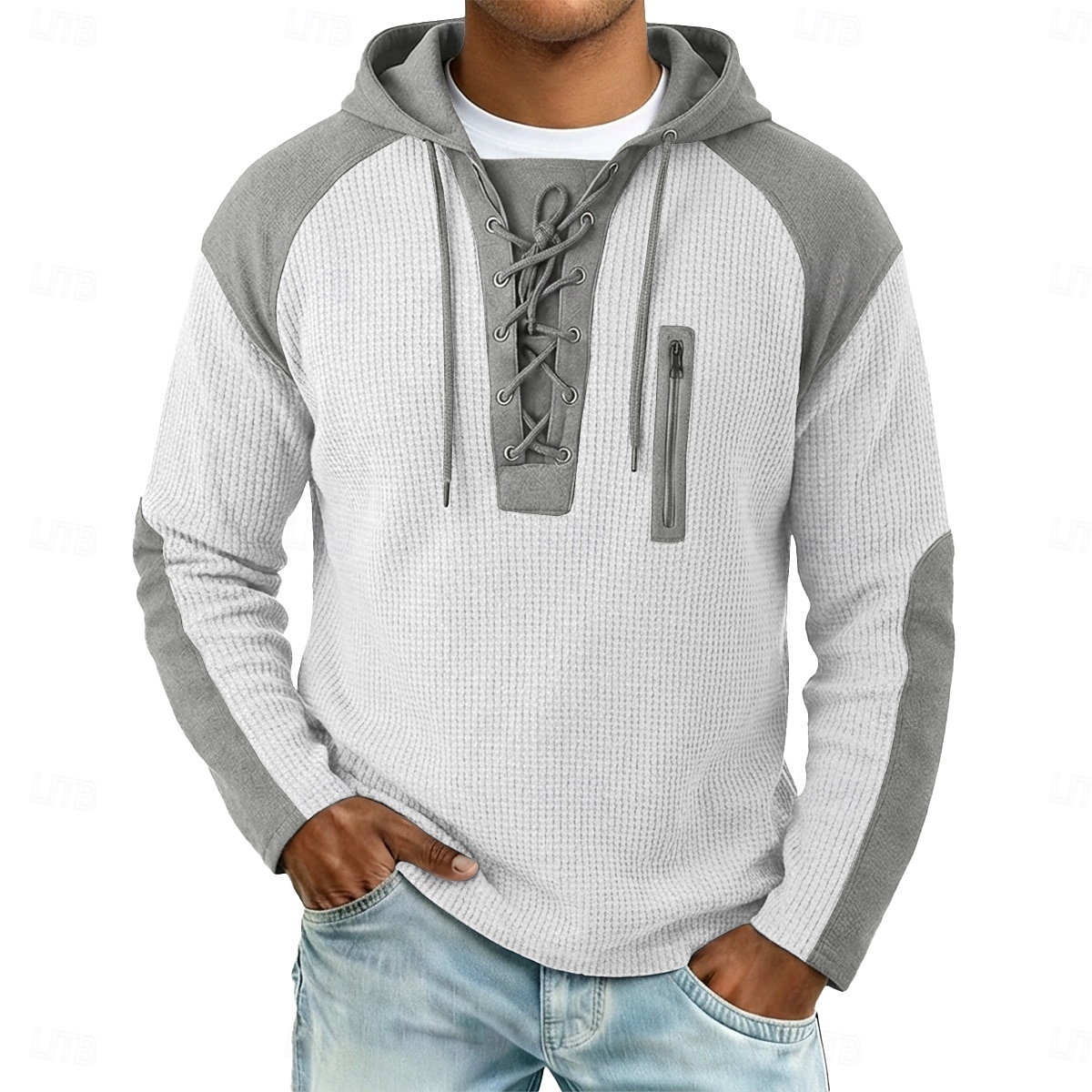 Per uomo Maglietta Waffle Maglietta Maglia Henley a nido d'ape Manica Lunga Con Cappuccio Collo con lacci Autunno Autunno & Inverno Tinta unica Testurizzato Tradizionale / Vintage Casual Coulisse del 2026 a $26.99 –P10
