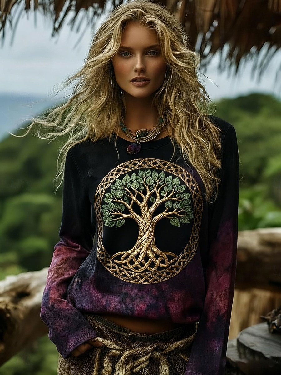 Mujer camisa boho Camiseta Estampado Graphic Bohemia Vintage Casual Manga Larga Cuello Barco Tops regulares Diario Fin de semana Ropa de vacaciones Negro Verano Primavera Otoño 2026 - $19.99 –P1