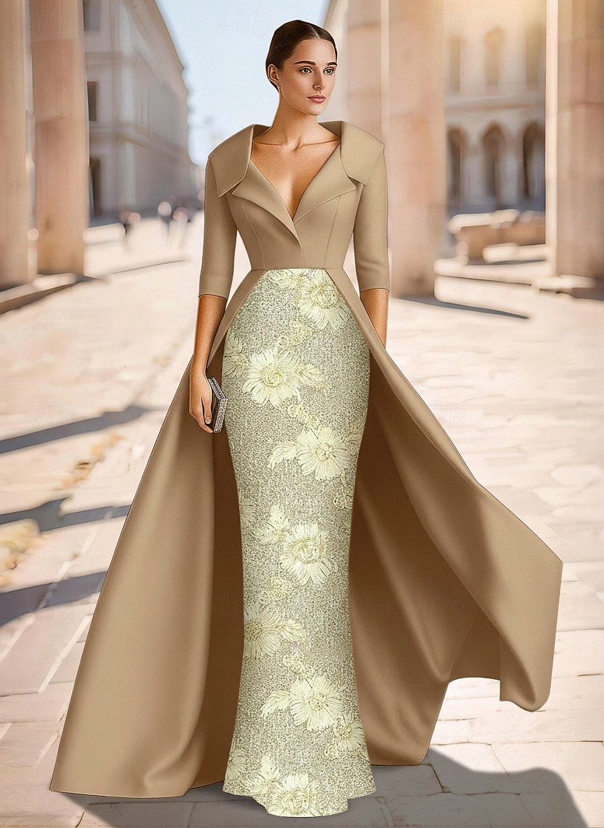 Sheath Column Floor Length Beaded Eembroidered Formal Dresses Mother of the Bride Dress Evening Gown Ball Gown with Overskirt Formal Dress Elegant Sparkle Silky 3/4 Length Sleeve Lapel Wedding Formal 2026 - $195.99 –P4