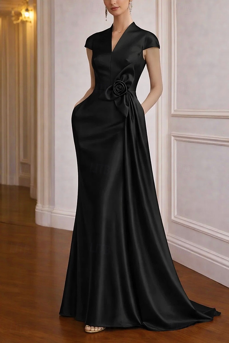 Abito da ballo Strascico a Terra Abito da Sera Abito da ballo con sopragonna Elegante Manica a Cappuccio Scollo a V Matrimonio Formale Raso Elasticizzato con Fiori 3D Pieghe del 2026 a $182.99 –P5