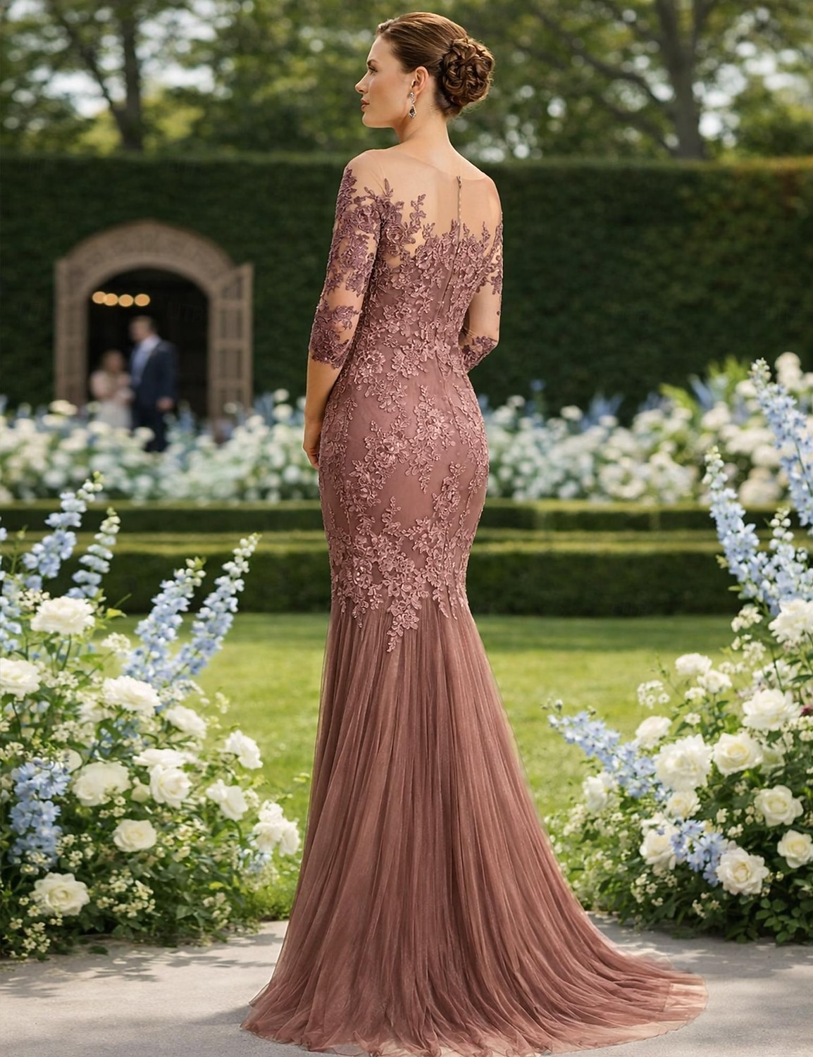 Syrena Tren sweep Suknia Suknia wieczorowa Sukienka dla matki panny młodej Rękaw 1/2 Łódeczka Elegancja Formalny Gość weselny Koronka Tiul z Haft nakładany 2026 - $208.99 –P2