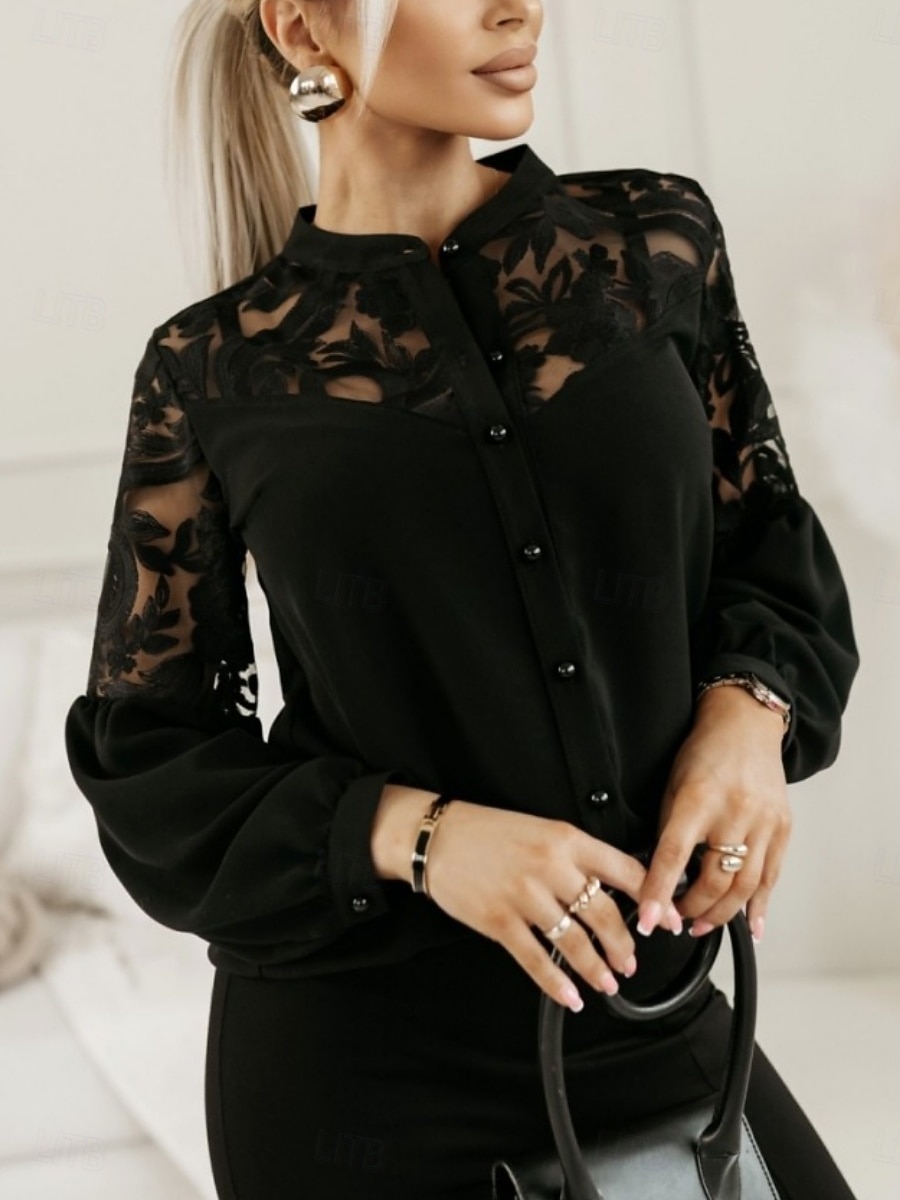 Women's Blouse Pleated Patchwork Solid Color Elegant Stylish Casual Long Sleeve High Neck Regular Tops Daily Black White Summer Spring Fall 2026 - SGD S$36.97 –P5