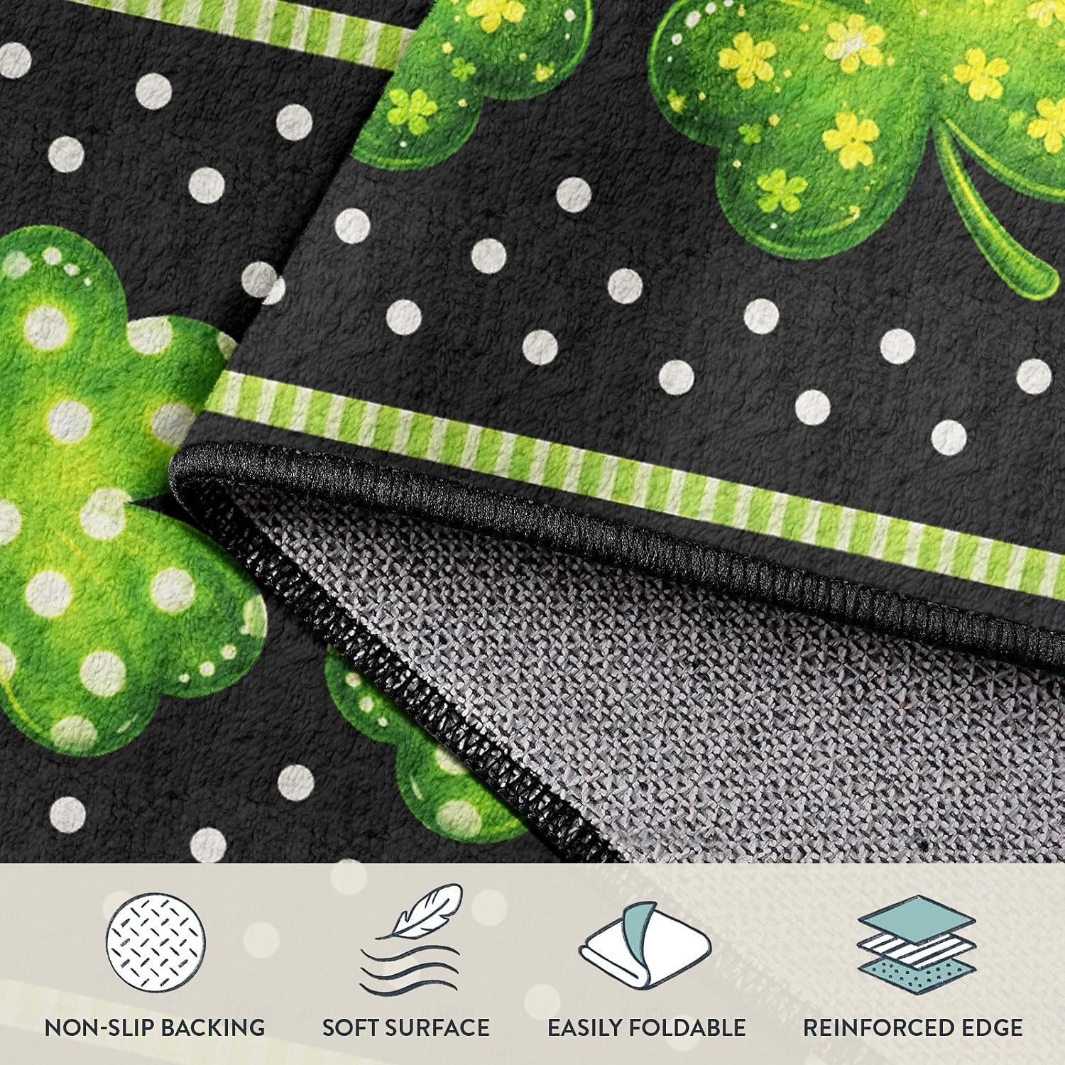 Tapete corredor para o Dia de São Patrício, fundo preto com trevos verdes e bolinhas, ideal para decorar corredores em clima festivo. de 2026 por $18.99 –P3