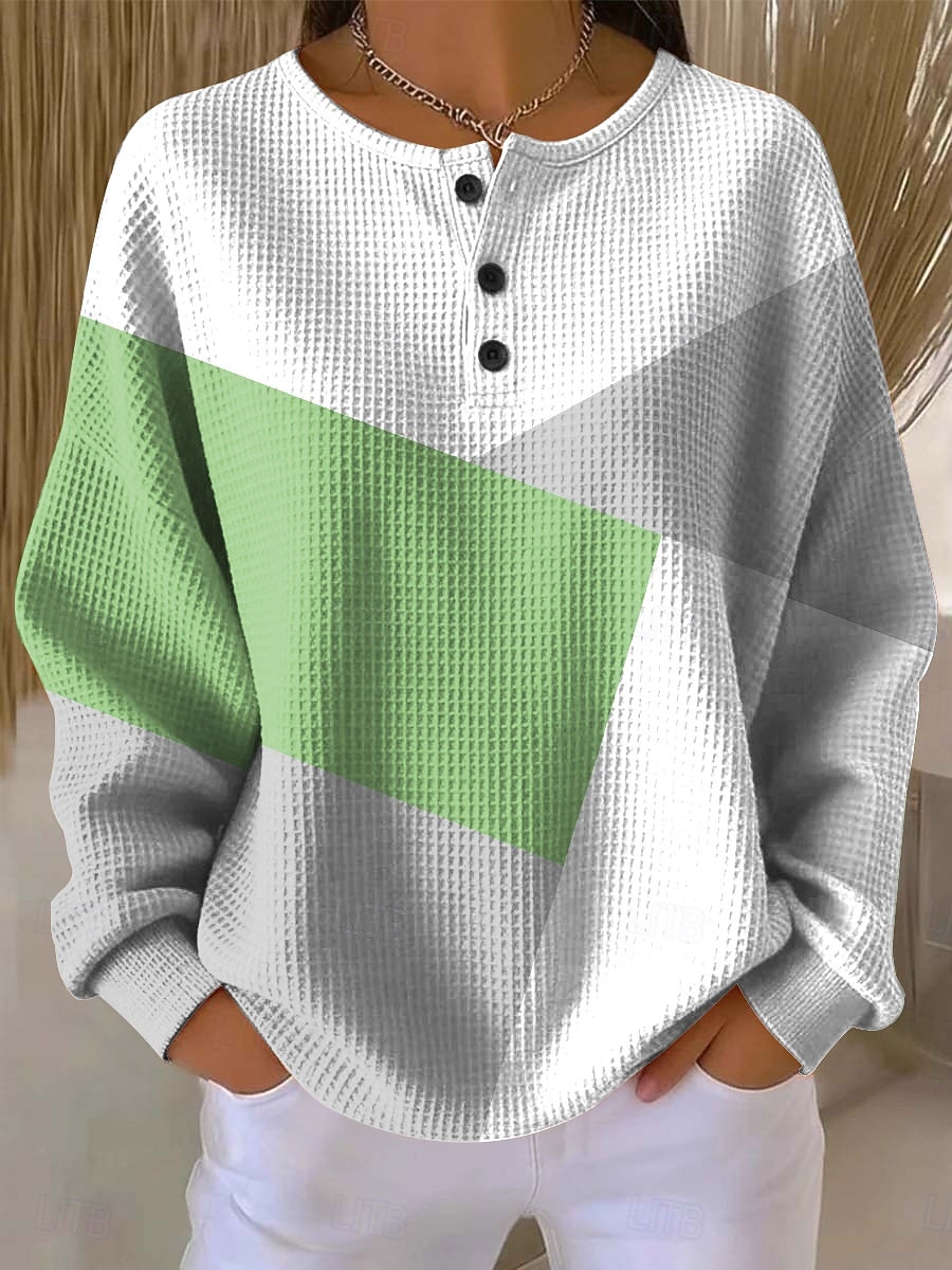Damskie Z kapturem Guziki Graficzny Geometryczny Kolorowy blok Moda Codzienny Nadruk Długi rękaw Półgolf Okrągły dekolt Zwykłe topy Codzienny Ulica Niebieski Rumiany róż Zielony Wiosna Jesień Zima 2026 - $28.99 –P3