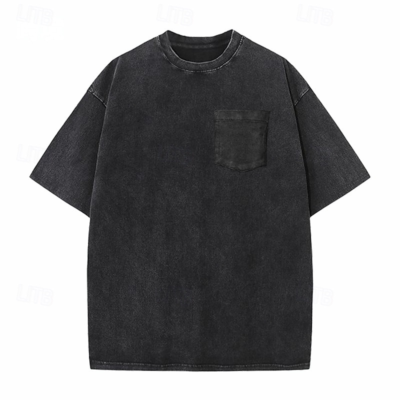 Herre T skjorte 100% bomullssyre-vaskeskjorte Kortermet Crew-hals Sommer Vår Alle årstider Helfarge Enkel Elegant Årgang Nøytral Lomme Plaggfarget Nedtrykt Avslappet Hjem utendørs Lyseblå Svart Brun 2026 - $20.99 –P11