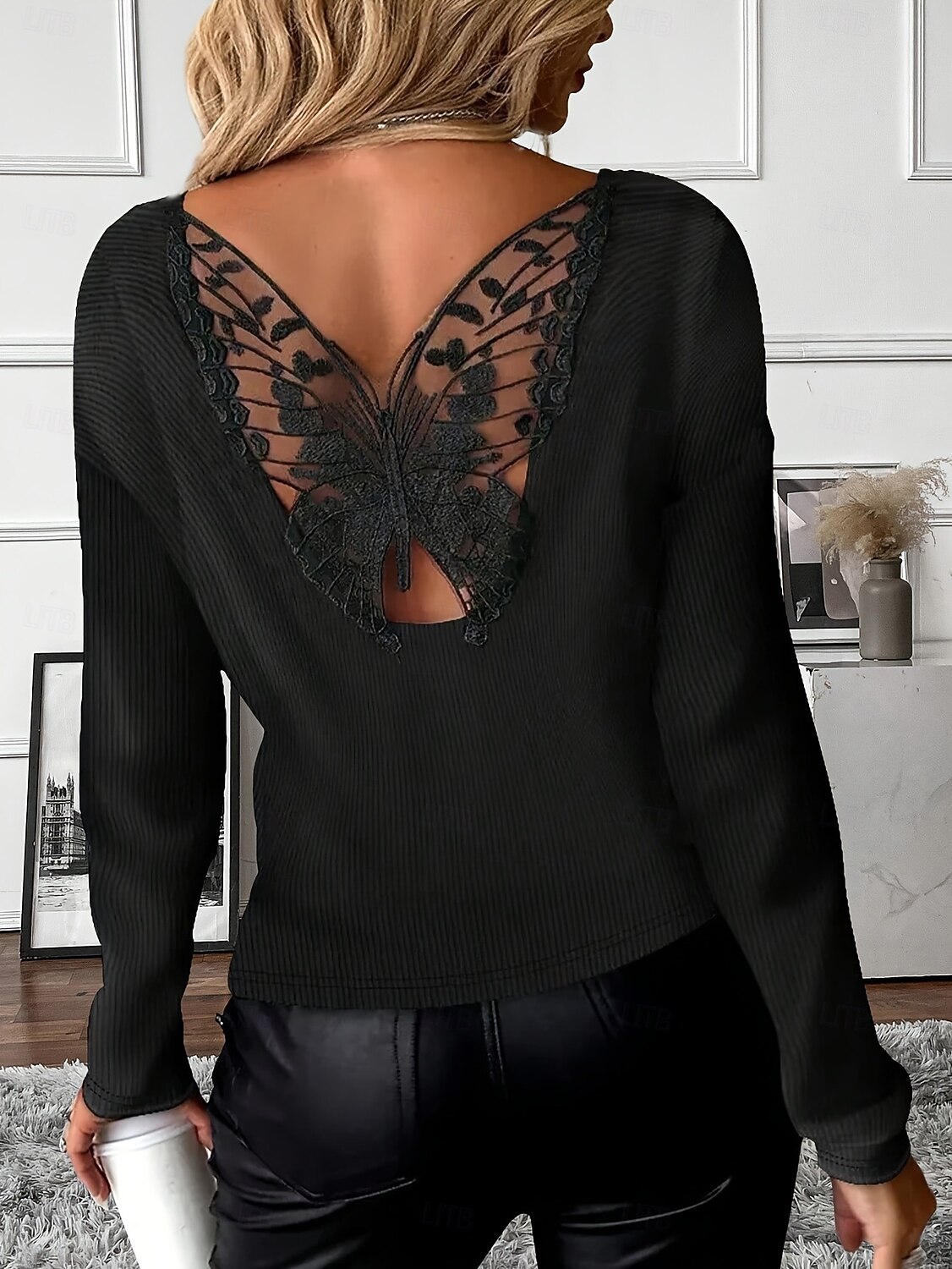 Per donna Top a maglia a coste Patchwork Ricamato Rete Farfalla Elegante Manica Lunga Scollo a Barca Top Regolari Uscire Weekend Nero Estate Primavera Autunno del 2026 a $22.99 –P2