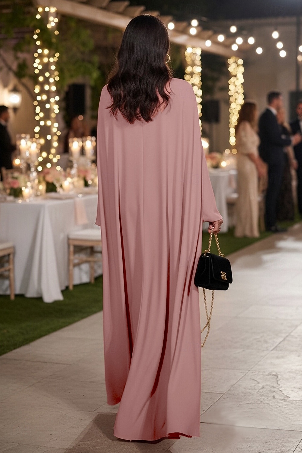 Linjeform Gulvlengde Formell kjole Aftenkjole Kappekjole Ballkjole med kappe Elegant Langermet Crew-hals Bryllup Formell Cape med Perledetaljer Sjal 2026 - $175.99 –P2