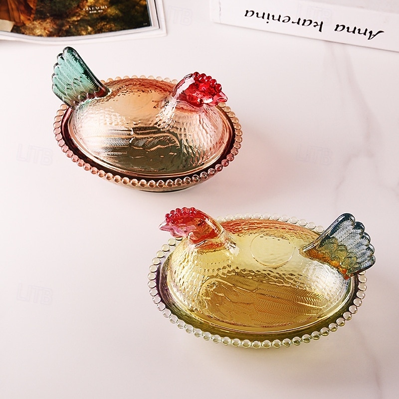 vintage lasinen kananpesäkulho kannella, suuri jalustallinen kukkokarkkikulho &kristallinen välipalapurkki, maalaistalon kananpesäpöydän sisustus, sopii välipaloille, jälkiruoalle, kekseille 2026 - $30.99 –P5