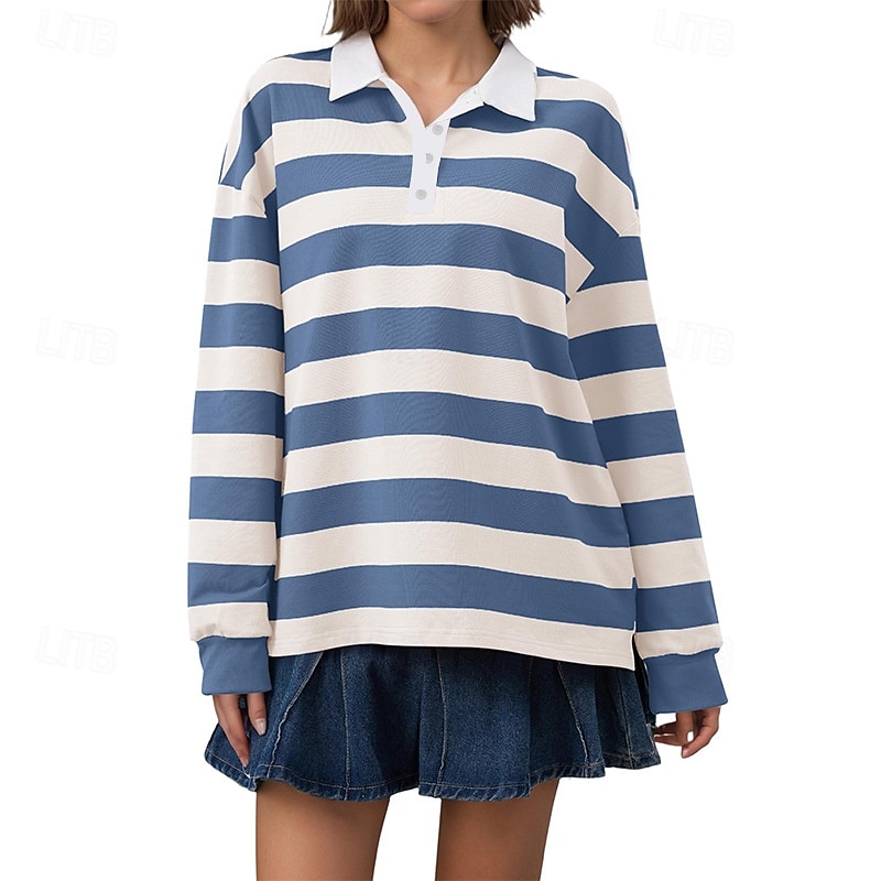 Women's T Shirt Tee Top Buttons Striped Fashion Stylish Classic Long Sleeve Shirt Collar Regular Tops Daily Going out Weekend White Yellow Pink Red Red White Spring Fall 2026 - $32.99 –P4
