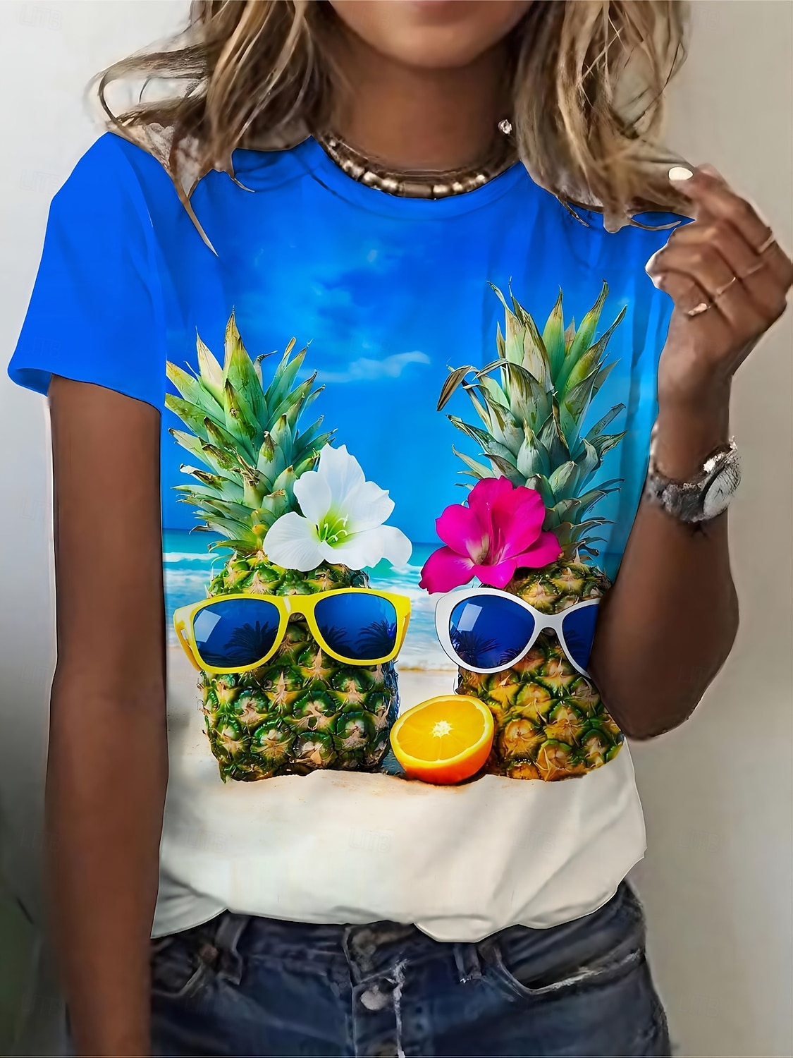 2026年 女性用 Tシャツ プリント グラフィック 動物 ヴィンテージ スタイリッシュ クラシック 半袖 クルーネック レギュラートップス 日常 週末 ブルー ホワイト イエロー ピンク 夏 春 秋 冬  コレクション – $22.99 –P4
