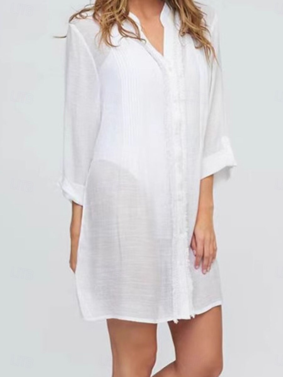 Mulheres Minivestido Vestido branco vestido de praia Cobertura Elegante Moda Clássico Diário Escritório Praia Ajuste Largo Tecido Manga 3/4 Gola Redonda Branco Verão Primavera de 2026 por $32.99 –P1