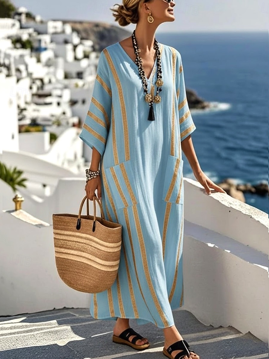 Damen Maxikleid Leinenähnlich Atmungsaktiv Leicht Strandkleid A-Linie Kleid Urlaub Lässig Boho Strand Ausgehen Lockerer Sitz Grafik Geometrisch Langarm V-Ausschnitt Blau Schwarz Weiß Sommer Frühling 2026 - $49.99 –P3