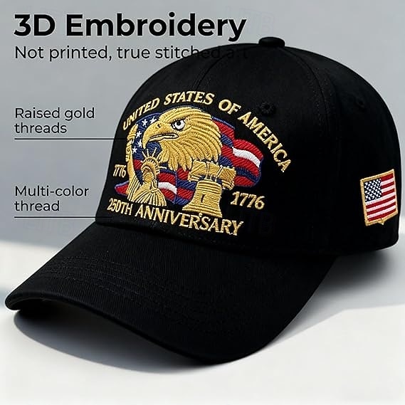 Yhdysvaltojen 250-vuotisjuhlahattu, kalju kotka, kirjailtu isänmaallinen lippalakki, säädettävä retro-isänmaallinen lippalakki miehille ja naisille, puoliviisivuotisjuhla 2026 - $21.99 –P5