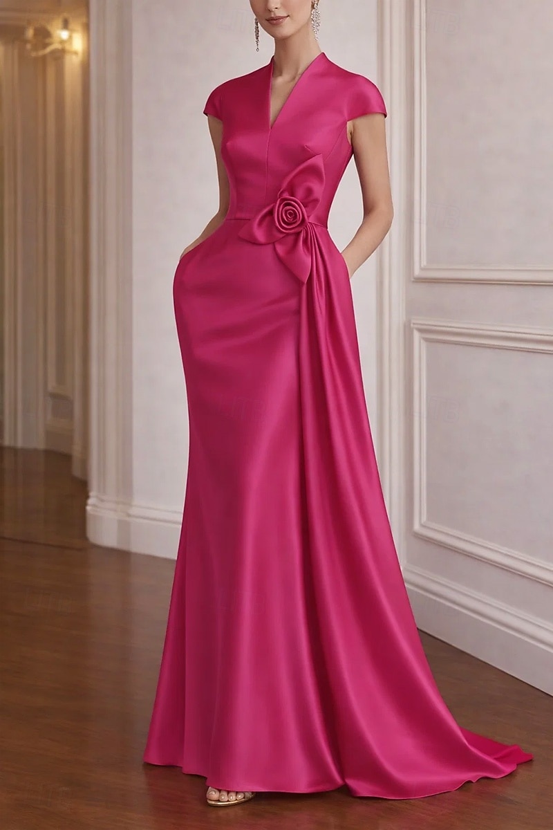 Abito da ballo Strascico a Terra Abito da Sera Abito da ballo con sopragonna Elegante Manica a Cappuccio Scollo a V Matrimonio Formale Raso Elasticizzato con Fiori 3D Pieghe del 2026 a $182.99 –P1