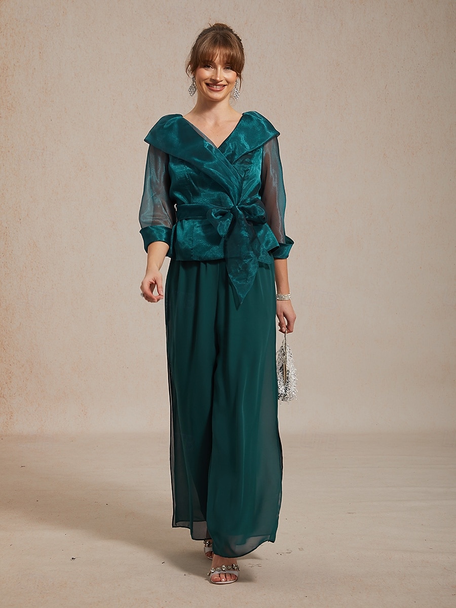 Dame Dressy topper knyte foran Illusjon Elegant 3/4 ermer V-hals Skjortekrage Vanlige topper Bryllupsgjest Cocktail antrekk Smaragd Grønn Sommer Vår Høst 2026 - $98.99 –P9