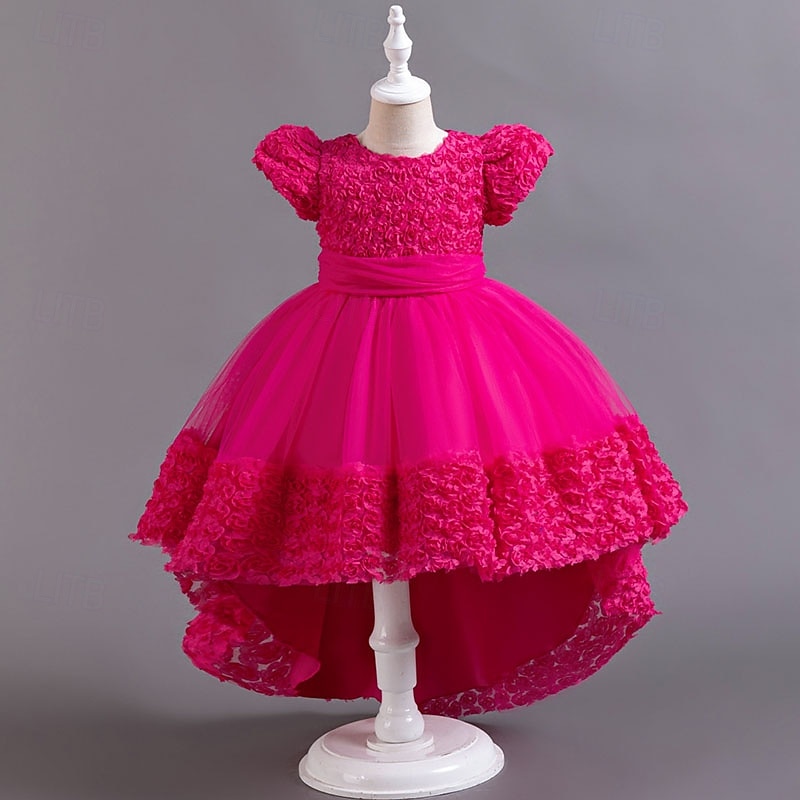 Flower Girl Dress Girls' Formal Dress Wedding Attire Party Wedding Formal Adorable Princess Sweet Patchwork Mesh Solid Color Short Sleeves Crew Neck Pink Red 4 years+ 2026 - $47.99 –P2