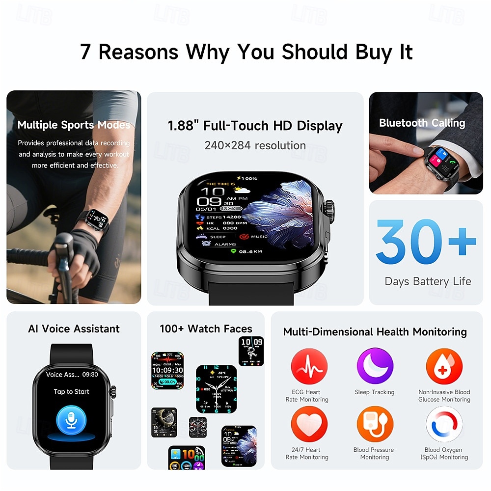 iMosi GE52 Smartwatch 1.88 Zoll Smartwatch mit Bluetooth-Anruffunktion Schrittzähler Anruferinnerung Aktivitäts-Tracker Kompatibel mit Android iOS Unisex Freisprechanrufe Mediensteuerung Schrittzähler 2026 - $60.88 –P2