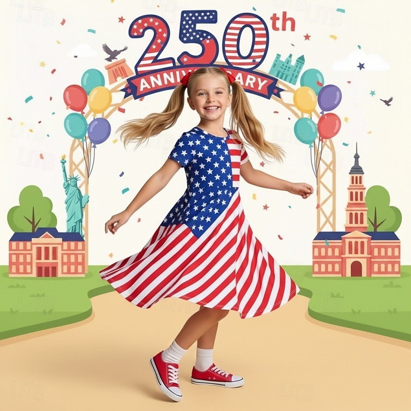Mädchen' 3D Grafik Gestreift Sterne Kleid Kurzarm 3D-Druck Sommer Frühling Täglich Urlaub Party Niedlich Basic Lässig Kinder 4-12 Jahre Freizeitkleid A Linie Kleid Knielang Normale Passform 2026 - $19.99 –P1
